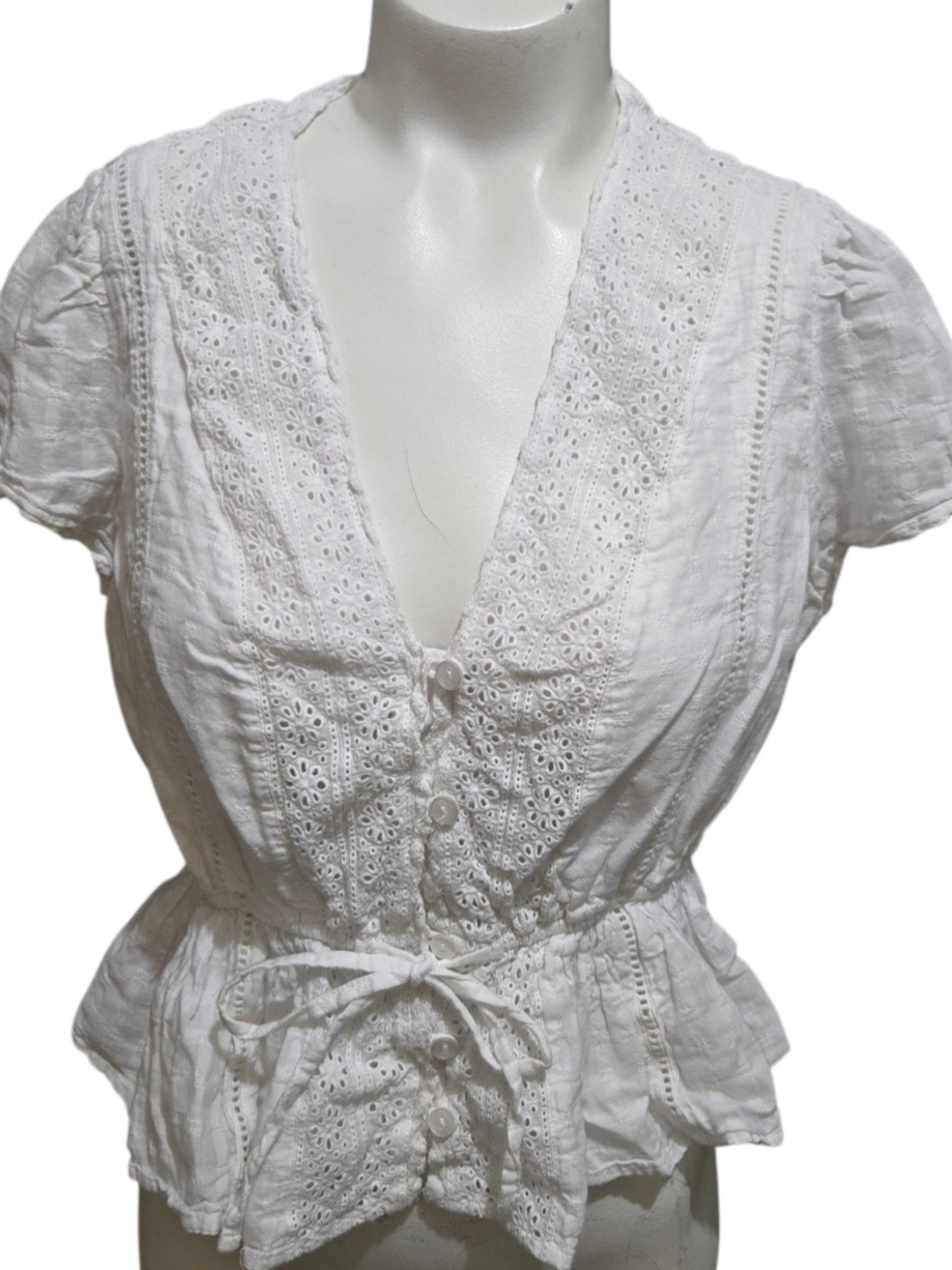 MNG Mango White 100% Cotton Eyelet Peplum Blouse Button Front Size US 6